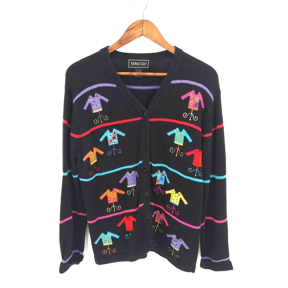 Terazzo Black Striped Sweater Print Button Front Grandma Knit Cardigan Sz Large